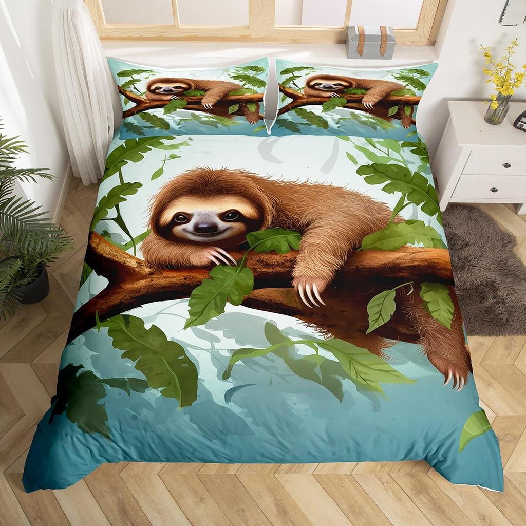 Cute Sloth Duvet Cover Watercolor Floral Bedding Set Lovely Jungle Animal Comforter Cover Twin King Kawaii Sloth Bedspread Cover