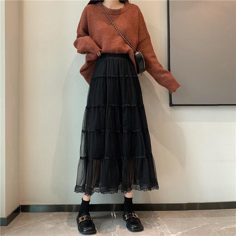 

Милые сетчатые юбки женские корейские модные кружевные длинные юбки Y2K Faldas весенние женские элегантные шикарные макси-юбки с оборками One Size чёрный