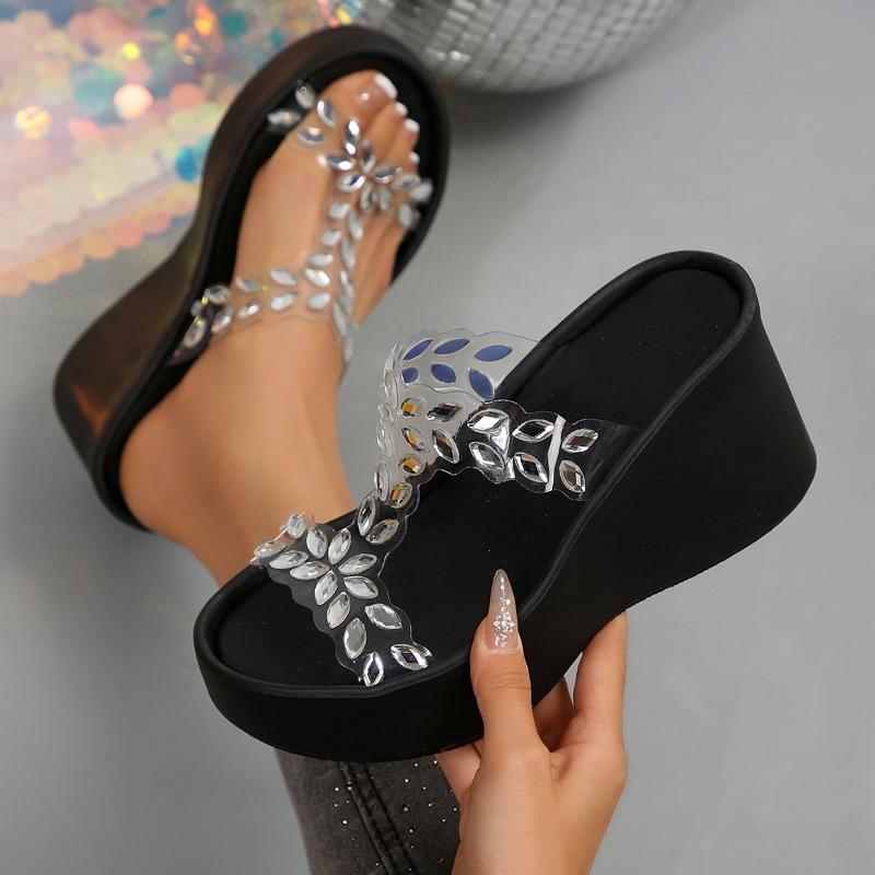 

New thick-soled high-heeled rhinestone transparent one-word cool slippers women s slope heel beach slippers 35