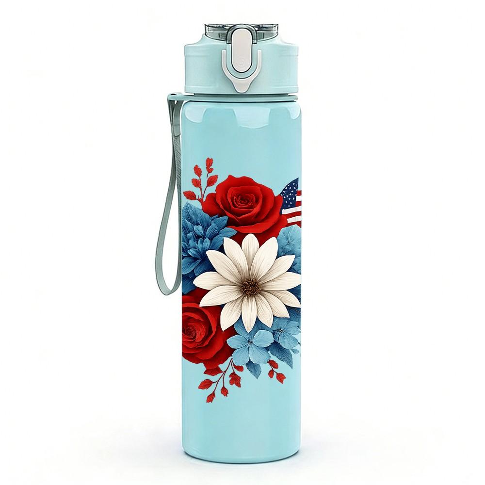 1PC Red White Floral Wreath Art 750ml Color Plastic Sports Water Bottle Leakproof Flip Straw Lid Suitable for Sports Office Home Use