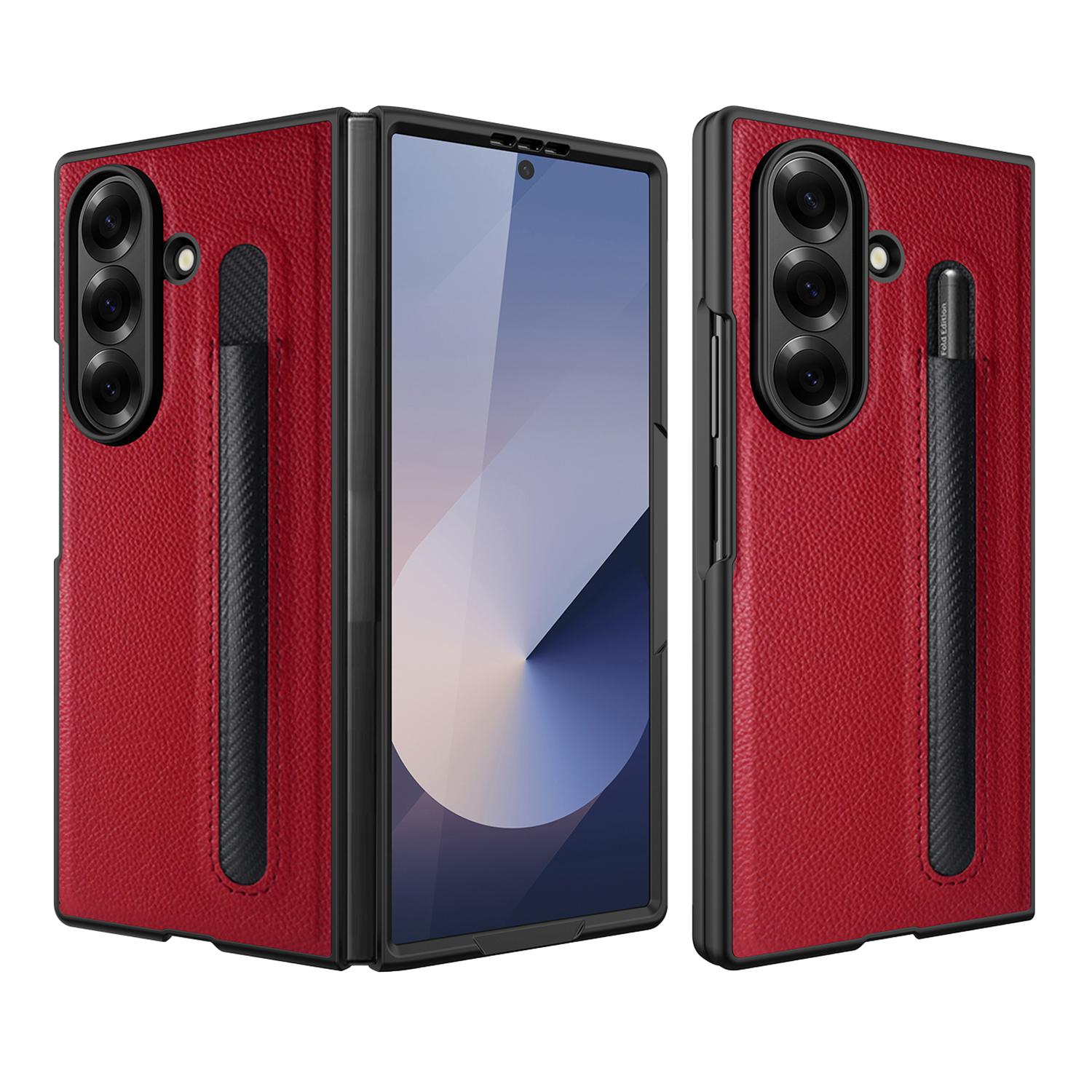 

For Samsung Galaxy Z Fold7 5G Case Pencil Holder Litchi Texture PU+PC Phone Cover with Screen Film Red