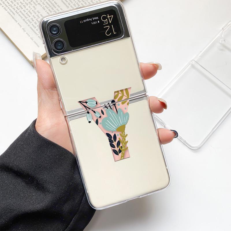 Art Initial Letter A To Z Pink Fashion Phone Case For Samsung Galaxy Z Flip 3 4 5 6 7 Hard Folding Z Flip4 Clear PC Cover Gift