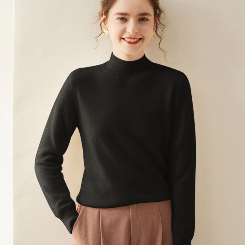 Women's Half-High Neck Cashmere Knit Sweater - Versatile, Warm, Loose Fit Pullover