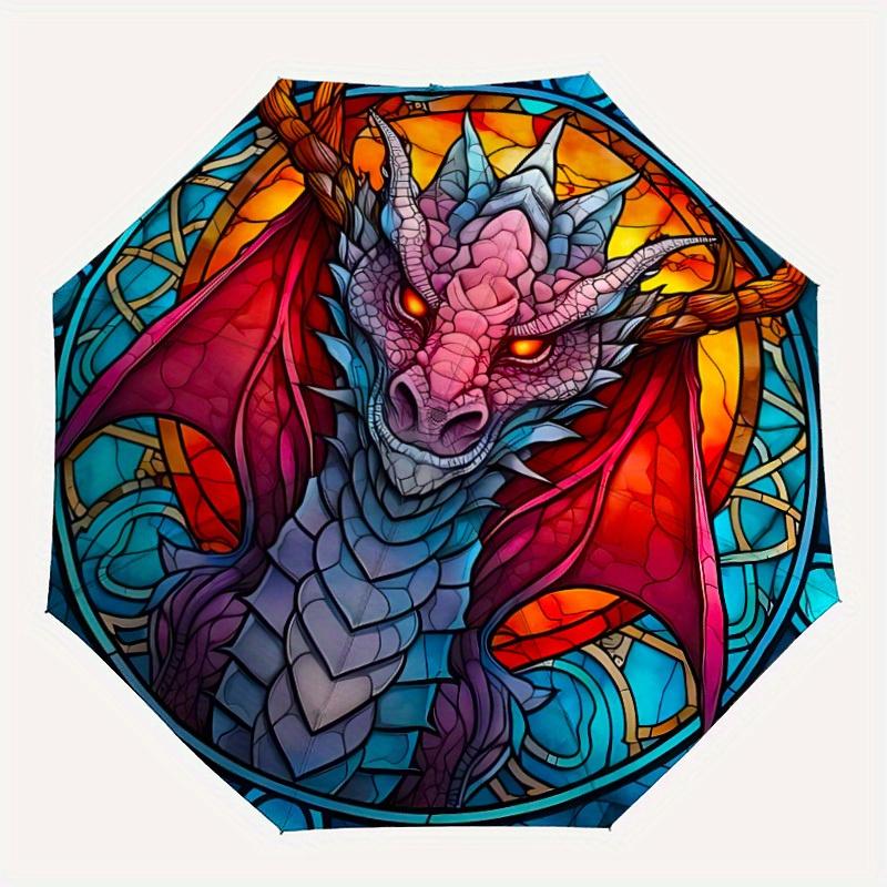 

1pc Dragon StainedGlass Compact Travel Umbrella, Automatic Folding Lightweight Windproof 8-Bone Reinforced Design, Portable for Backpack Dur