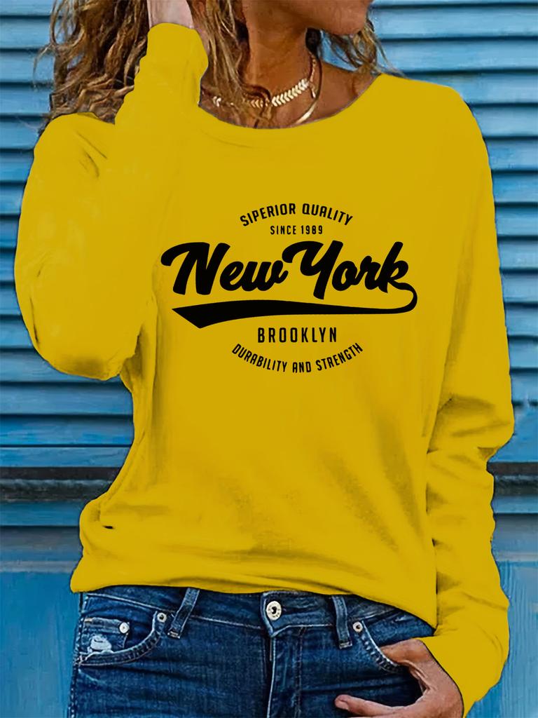 100% reines Polyester Damen Frühling und Herbst locker und bequem NEW YORK Buchstabenmuster bedruckt Langarm Rundhals T-Shirt