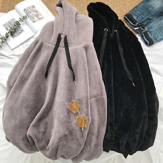 Kordelzug Lange Ärmel Elastische Bündchen Dick Warm Pullover Hoodie Herbst Winter Einfarbige Beidseitige Plüsch Unisex Kapuzenpullover