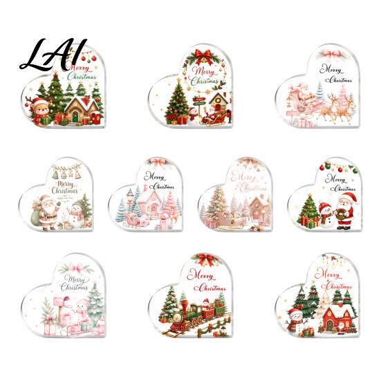 Romantic Christmas Gifts Heart Shaped Acrylic Tabletop Sign 2D Winter Snow Scene Desktop Ornament Home Party Supplies with Santa Snowman &