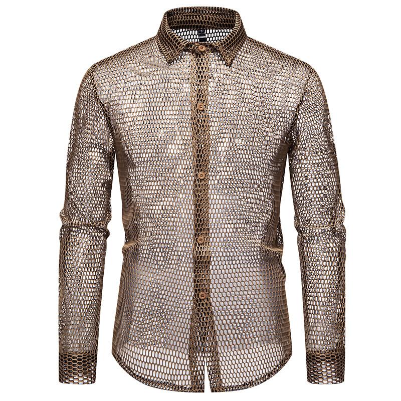 New Fashion Hollowed Out Design Men's Long Sleeve Shirt Personality Performance Shirts Male Nightclub Dance Perspective Shirt