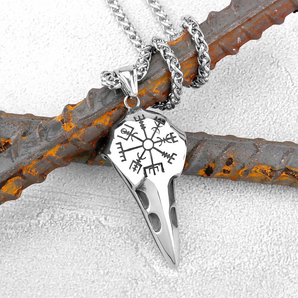 Severský Odin Vraní Lebka Přívěsek Náhrdelník Gotická Nerezová Ocel Vraní Lebka Kompas Runový Náhrdelník pro Muže Punkové Šperky