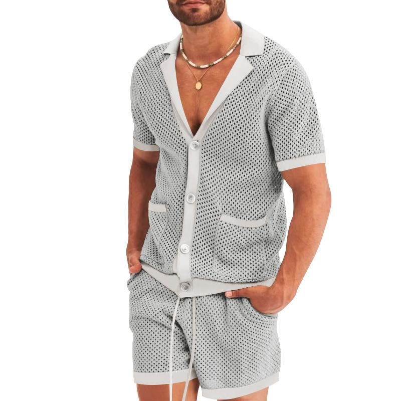 2-Piece Summer Outfit for Men - Breathable Mesh Shirt with Lapel Collar and Button Details,Matching Semi-Transparent Shorts with