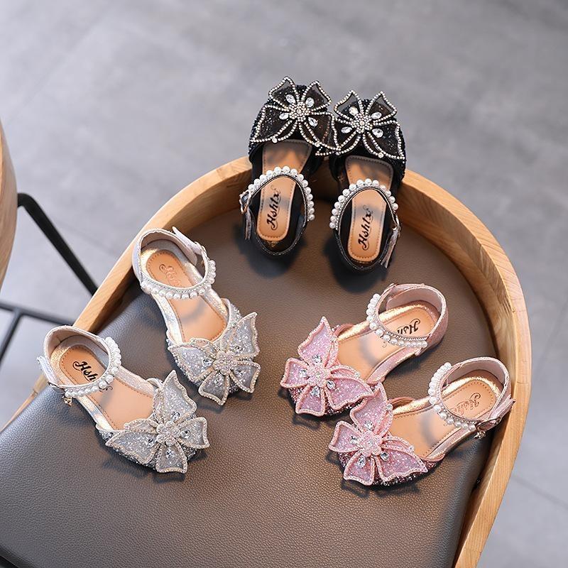 Neueste Sommer Mädchen Sandalen Mode Pailletten Strass Schleife Mädchen Prinzessin Schuhe Baby Mädchen Schuhe Flache Ferse Sandalen Größe 21-35