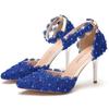 Blue Lace Beaded Flowers Wedding Shoes One-line Wristband Bride Shoes Thin Heel Pointed Sandals Stage Performance Shoes for Women