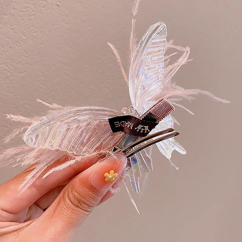 Children Korean Colorful Boutique Feather Butterfly Hair Clip Fairy Beauty Princess Girl Headdress Side Card Accessories