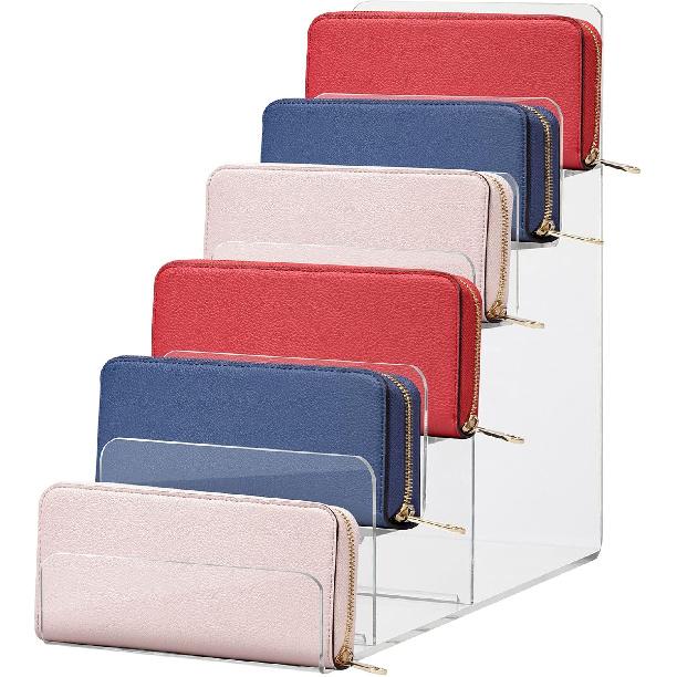 Cabilock Purse Stands for Display, 6-Tier Acrylic Clear Display Risers 7.8" Purse Perfume Organizer Stand Holder, Clear Tiered Multi Slot Vendor
