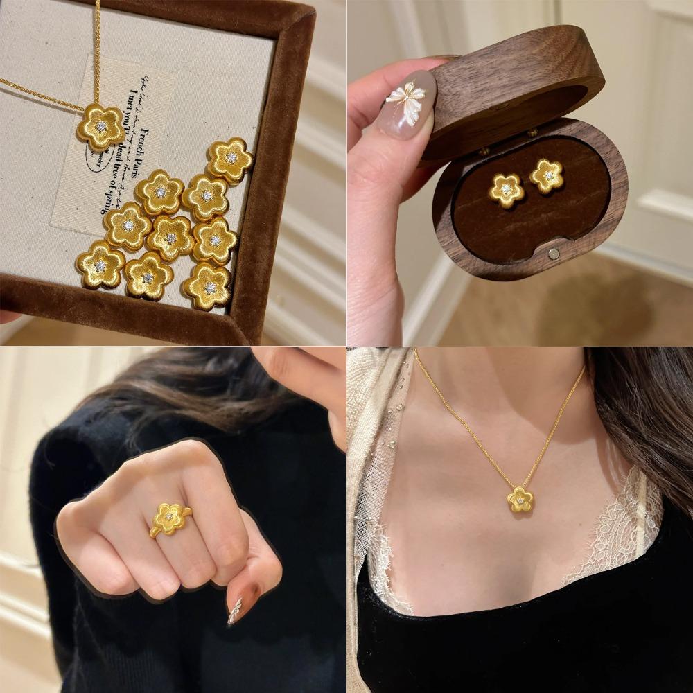 New Chinese Style Jewelry Set Gold Plated Flower Pendant Elegant Earrings Diamond Ring for Women
