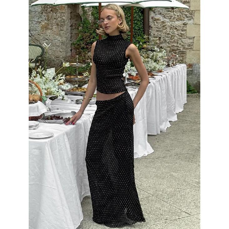 2026 Summer New Elegant Retro Polka Dot Sleeveless Women s Top and Long Skirt Set S чёрный