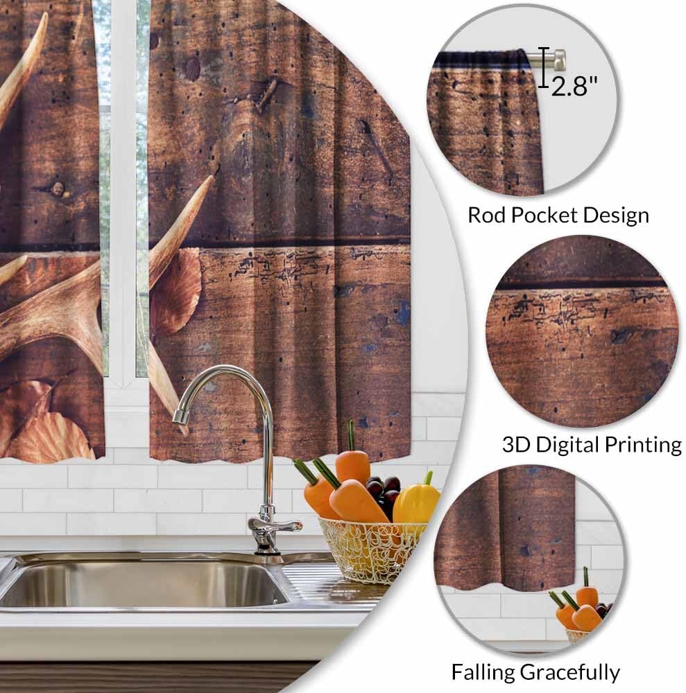 Antlers Kitchen Curtains Brown Winter Leaves Old Rustic Wood Plank Short Tier Curtains for Bathroom Cafe Small Window Drapes Tre