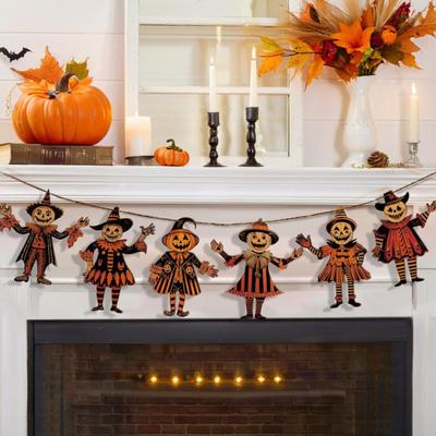 Bannière en Bois Vintage de Noël Horreur Citrouille Sorcière Halloween Guirlande Cerf Père Noël Bannière Décoration Murale Suspendue pour Maison Fête Festive Décor de Noël