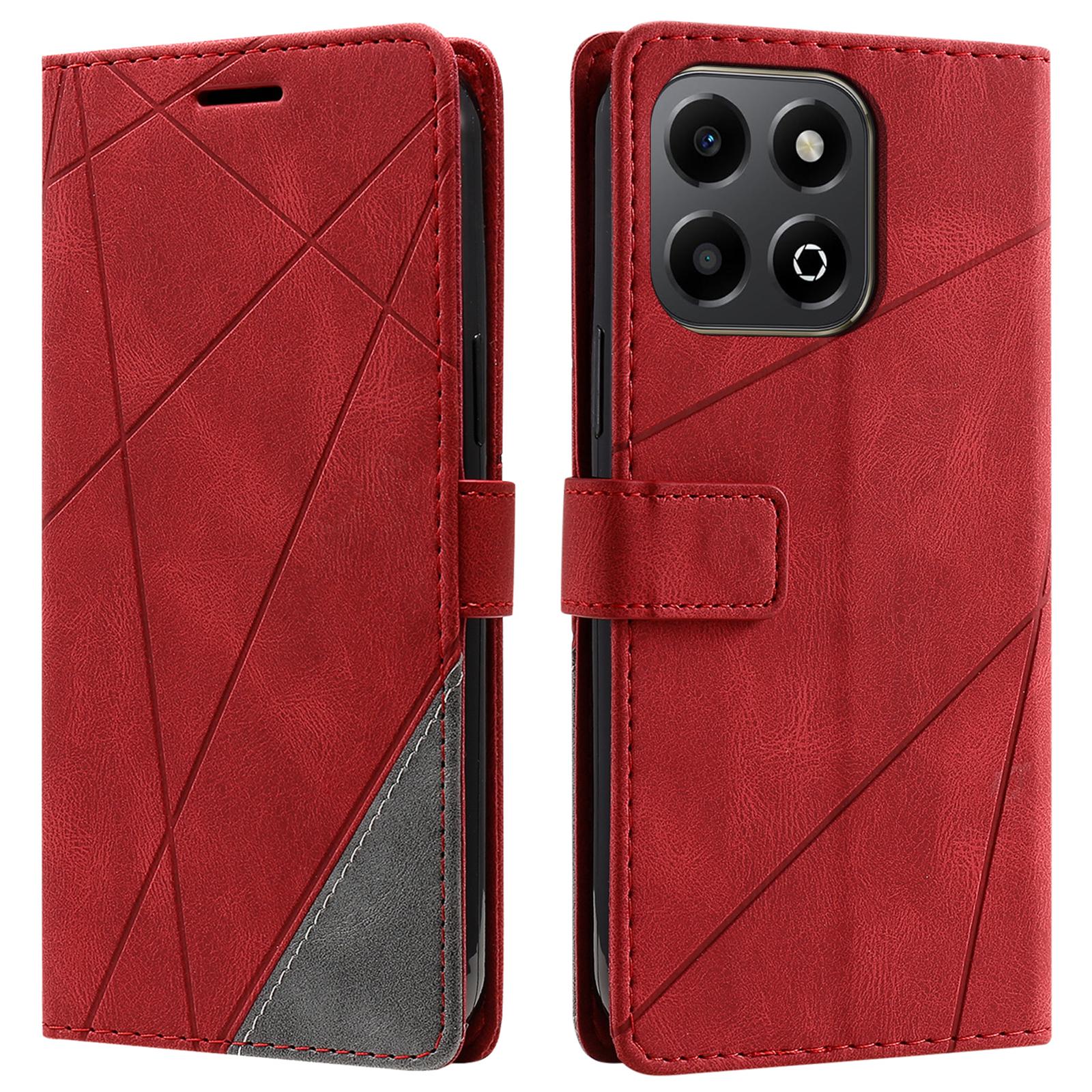 

For Honor X6a 4G/X6b 4G Case Imprinted Lines PU Leather Splicing Wallet Phone Cover Red