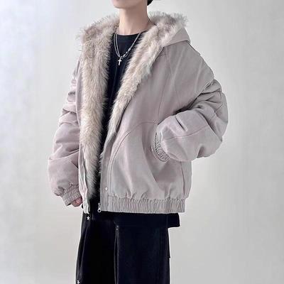 Men's Harajuku-Style Fur Collar Cotton Jacket, Autumn/Winter Fashion, Japanese-Inspired, Casual, Short, Warm, and Stylish.