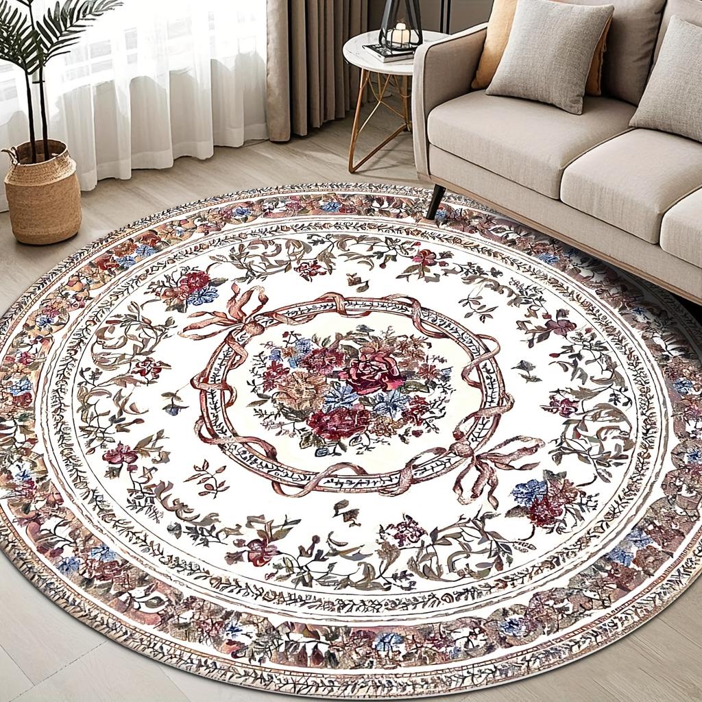 Bedruckter runder Teppich aus Flanell mit Vintage-Blumendesign für die Heimdekoration Weiche Bodenmatte Klassischer Stil Elegantes Interieur