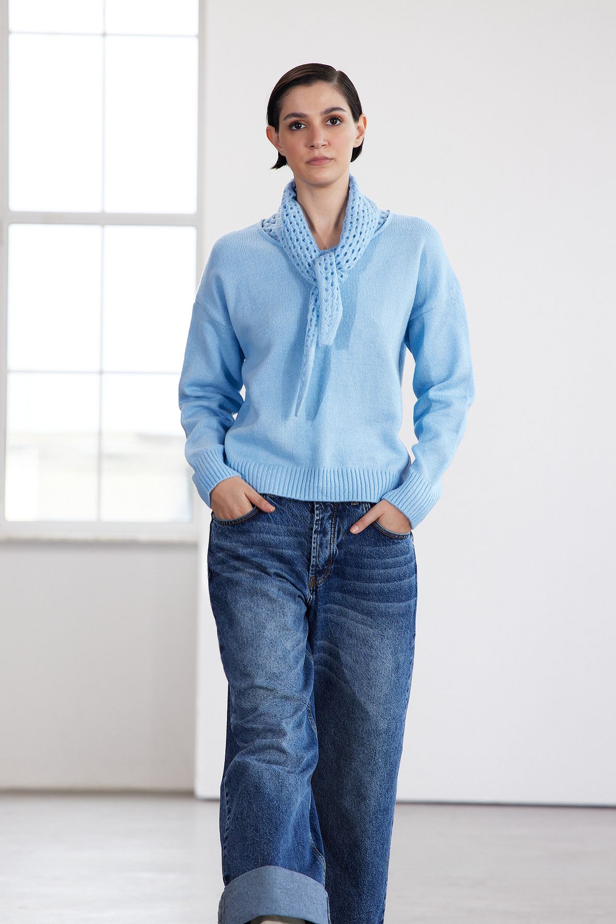 

Women s Fashionable Stylish Sweater Limited Edition Light Blue Wide Fit Soft Textured Openwork Perforated Knitwear Sweater S