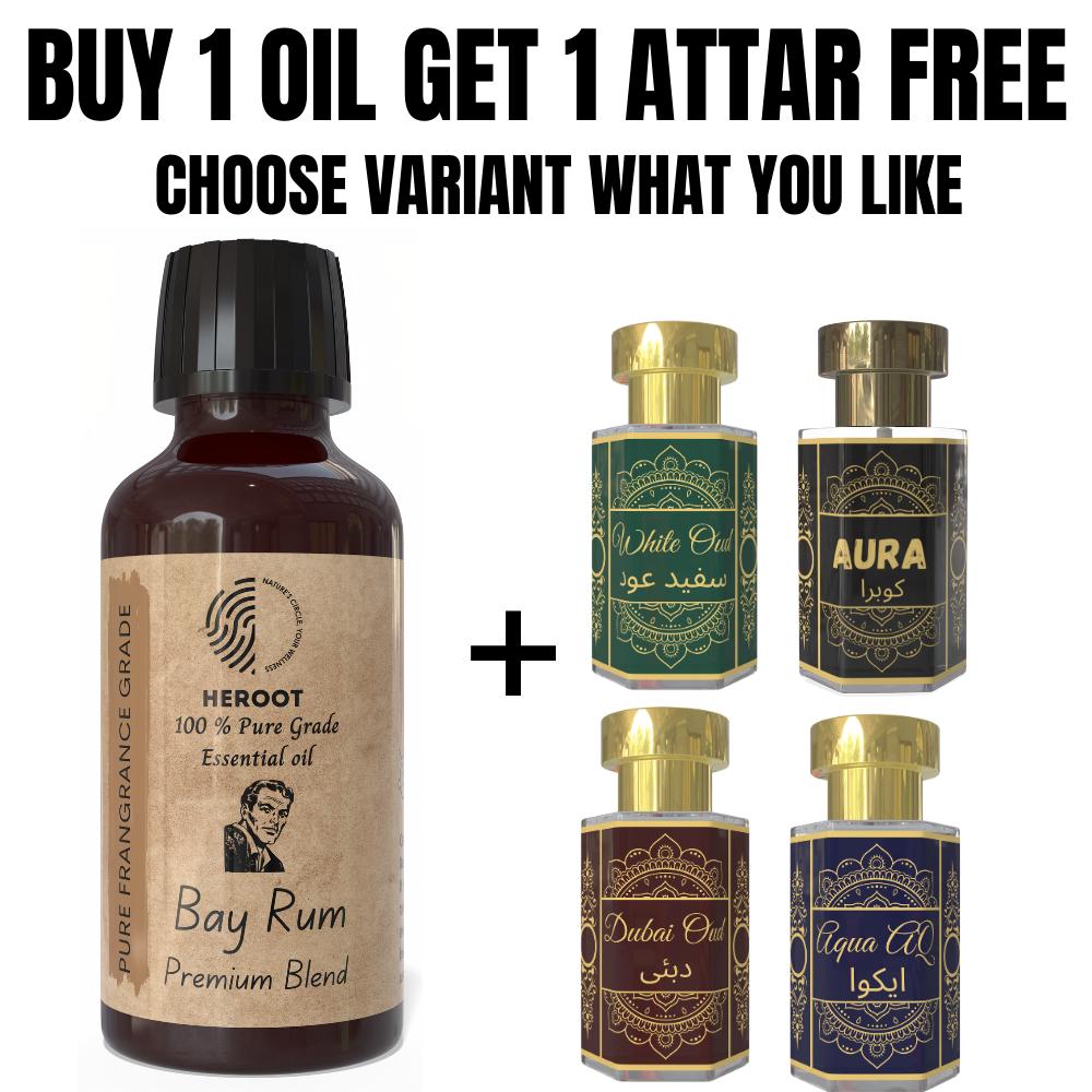 Bay Rum Essential Oil 10ml for Aromatherapy & Home Fragrance with Free 6 ml Attar – Aqua AQ, Dubai Oud, Aura, White Oud