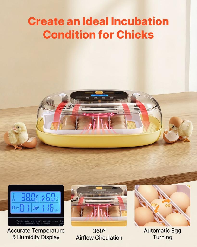 24 Egg Incubator, Automatic Egg Turner with LED Candler, Temperature & Humidity Control, 360° View Clear Window, Auto Water Refill, Poultry Eggs