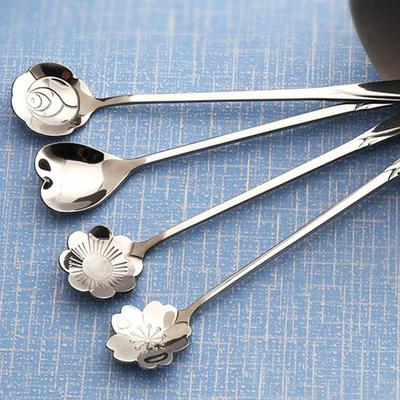 4 Pcs Silver Stainless Steel Coffee Spoon Set, 18cm Gold Flower Design, Multipurpose Tableware Tea, Desserts, and Gifting
