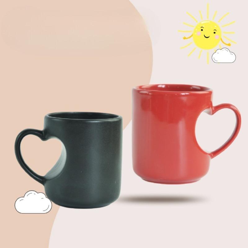 Heart Handle Color-changing Cup Heat Transfer Ceramic Magic Cup Color-changing Mug Hot Water Color-changing Cup Black and White Coffee Cup