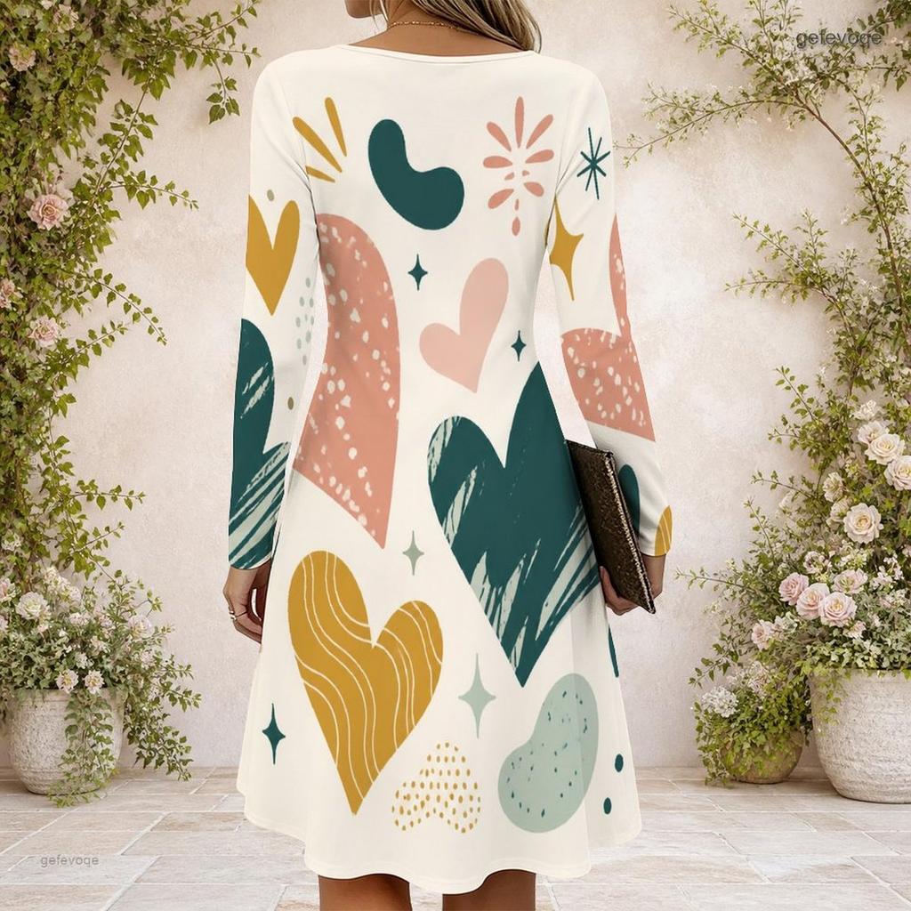 Damen Cross V-Ausschnitt Langarmkleid Aquarell Spritzer Herz Muster Unregelmäßiger Saum Kleid