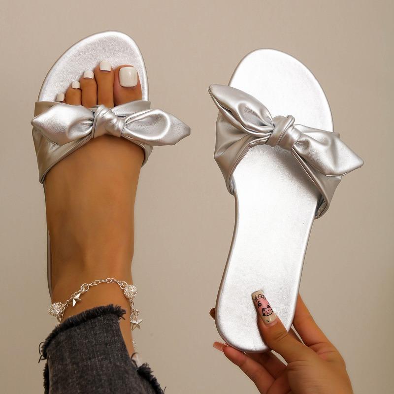 Women's Wide Width Bow Buckle Slides - Minimalist Single Strap Sandals for Summer, Casual Flat Mules