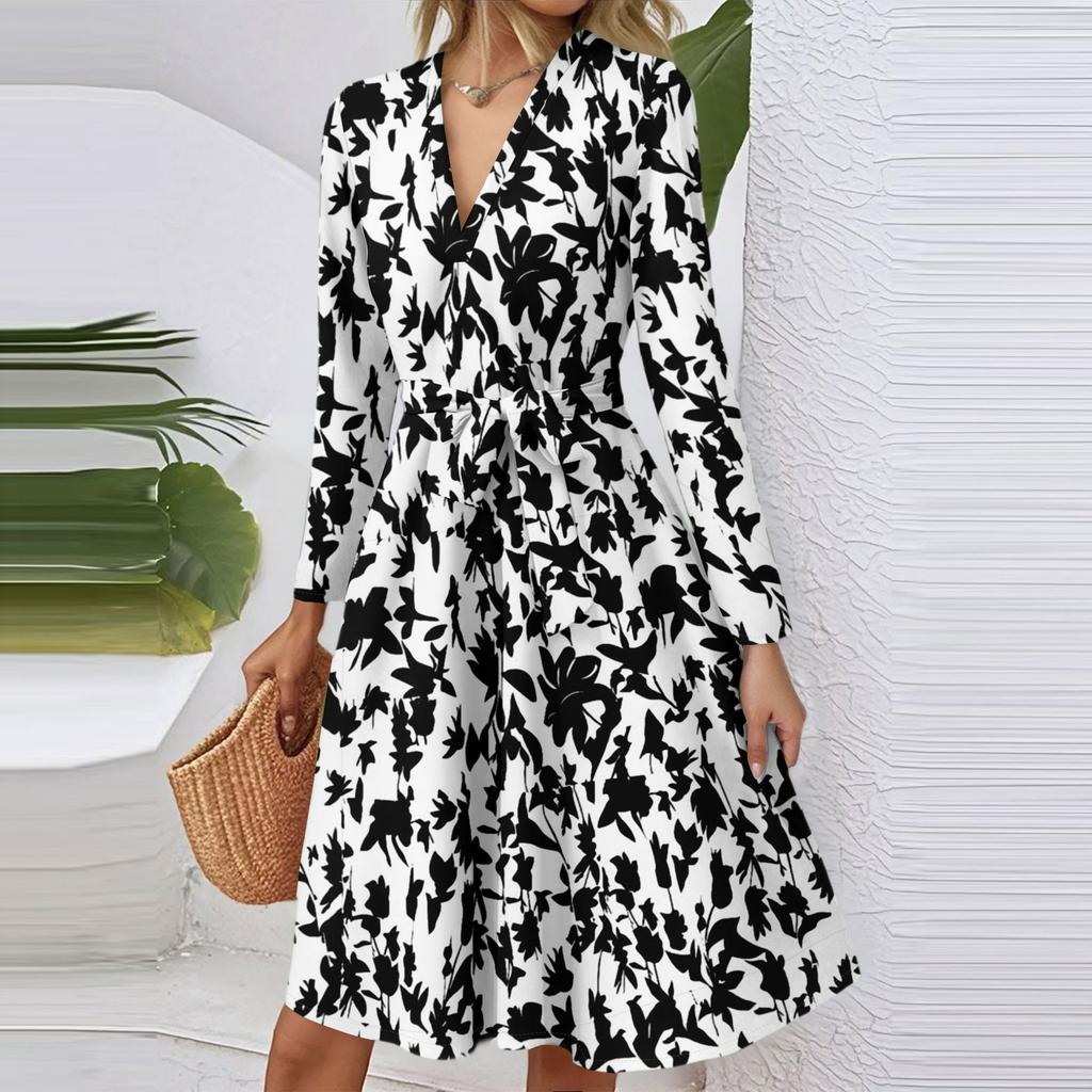Dámské módní ležérní šaty midi s výstřihem do V, dlouhým rukávem, v pase a s květinovým potiskem