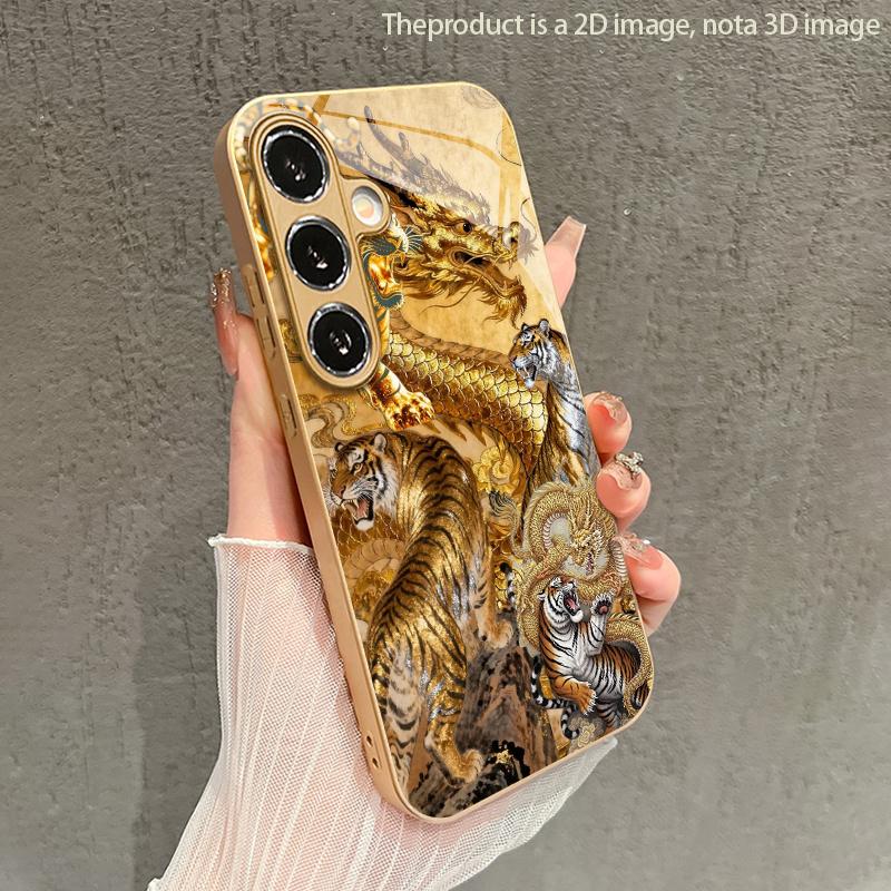 Gold Patterned Dragon And Tiger Blessing 2D Phone Case for Samsung S26 S25 S24 S23 S22 S21 S20 A56 A36 A16Glass Protective Cover