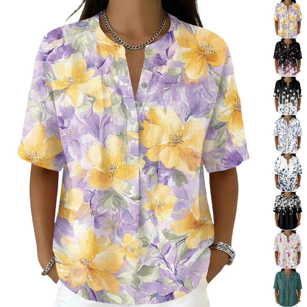 Women Fashion Floral Print V Neck Blouse Short Sleeve Pullover Top Lightweight Casual Shirt