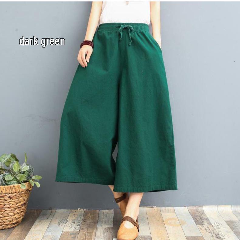 Plus Size Summer Cotton Linen Wide-Leg Pants - Lightweight, Versatile Eight-Point Culottes