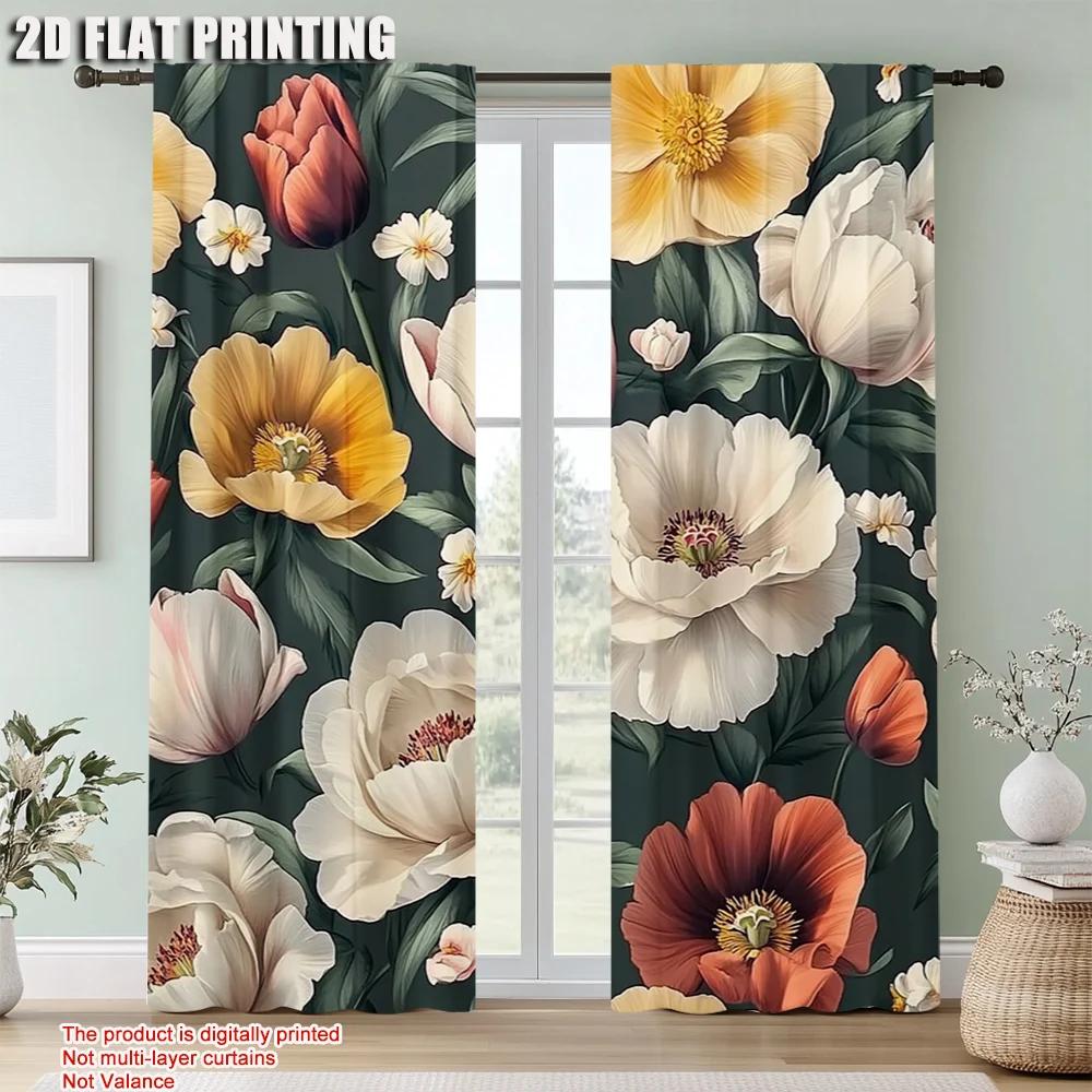 2Pcs Vintage Floral Window Curtain Polyester Drapes With Rod Pocket Light Yellow Rose Print For Living Room Machine Washable