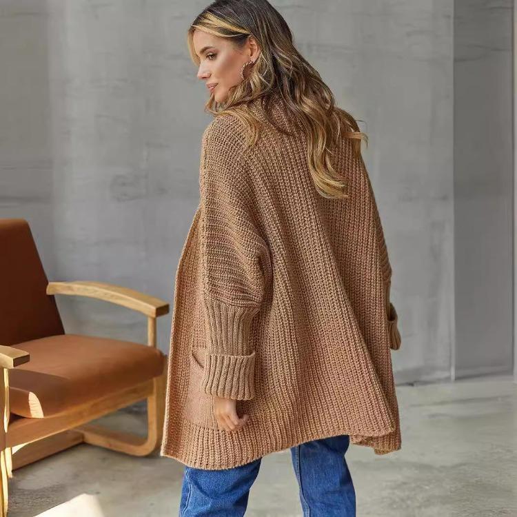 Cardigan da Donna alla Moda in Maglia Morbida Oversize Manica Lunga Scollo a V Casual Largo Medio Maglione Cappotto Solido Traspirante con Tasca Semplice Elegante