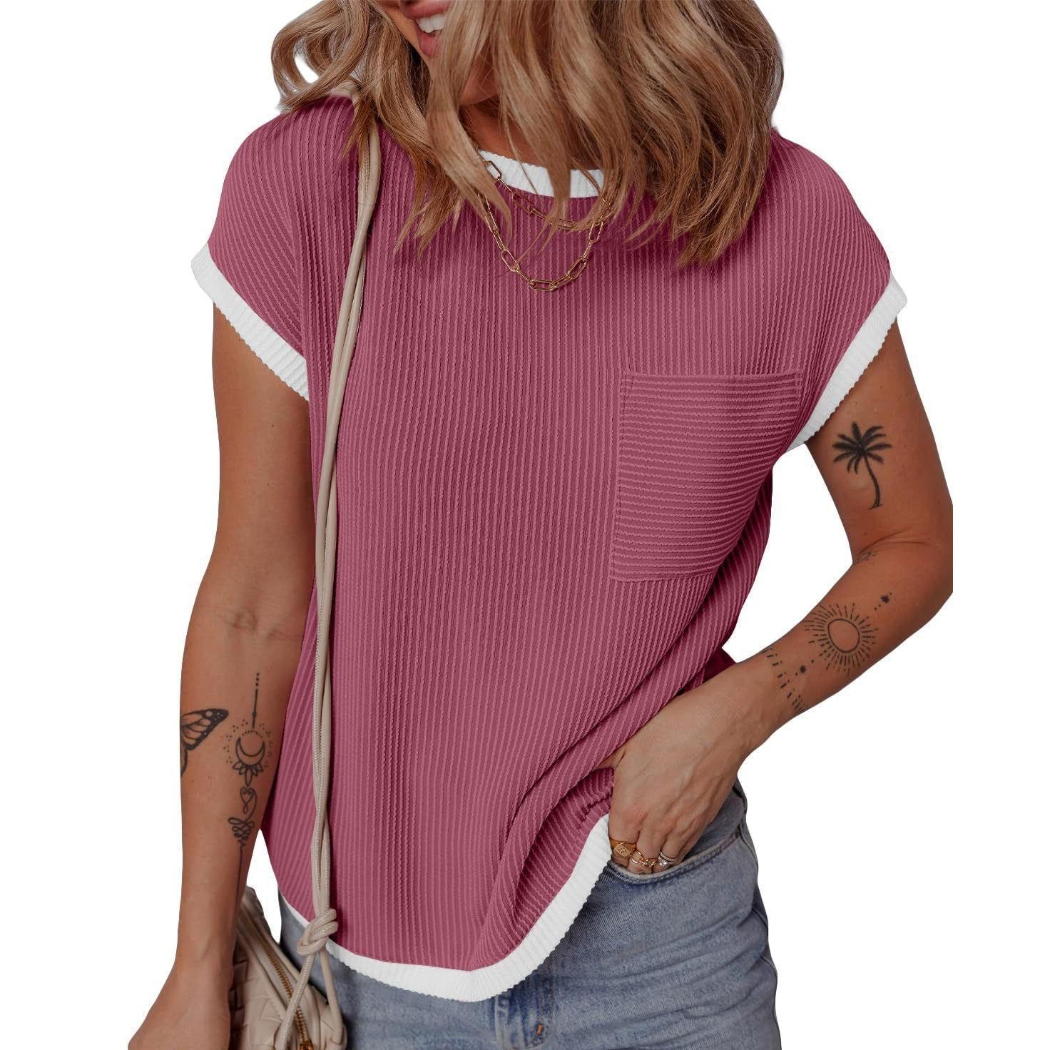 

Элегантная женская футболка с короткими рукавами, пэчворк, круглый вырез, модная, весенне-летняя, женская повседневная куртка, топ-футболка 2XL розы красного