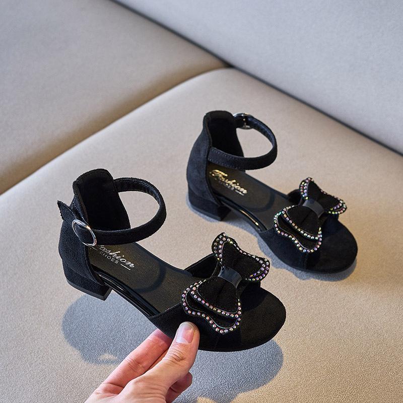 2024 New Children Girls Sandals Solid Color Bow Rhinestones Cute Kids Fashion Princess Elegant Mary Janes for Party Wedding Show