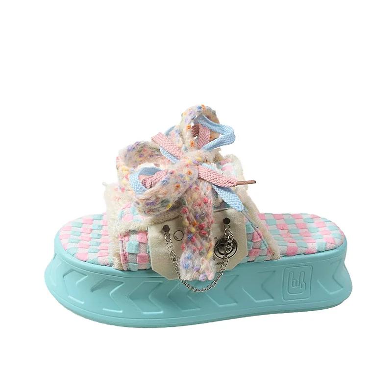 Fashion Thick Soled Canvas Half Slippers for Women's 2024 New Summer Casual Internet Red Lace Up Fashionable Sandals