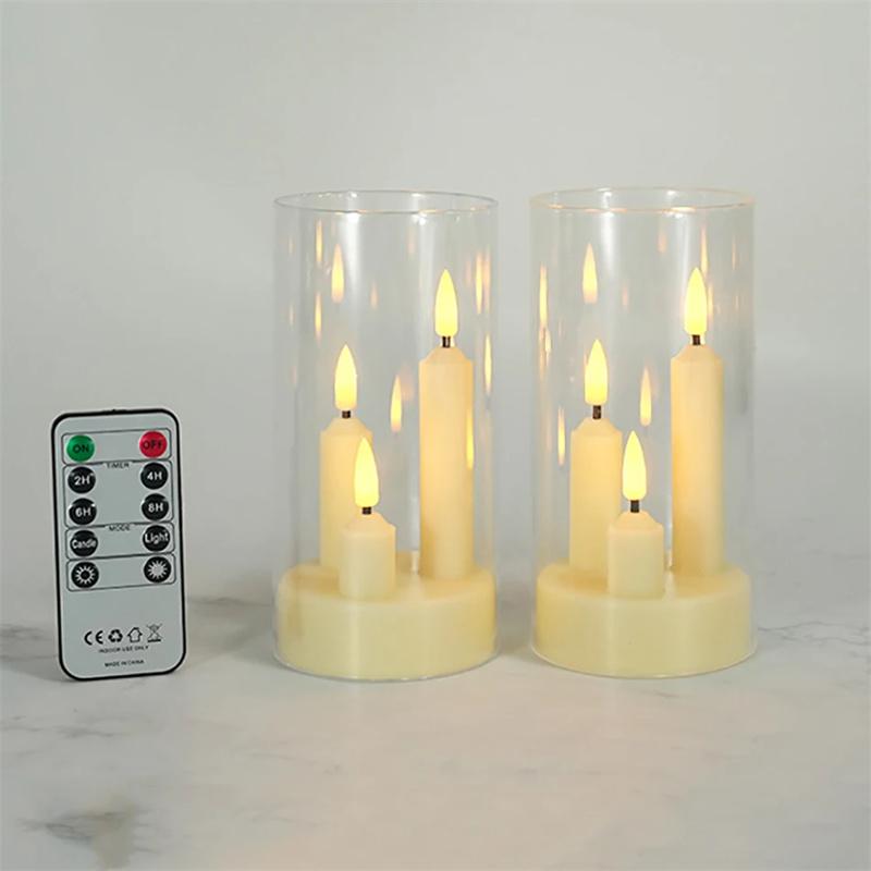 Uzaktan Kumandalı, Akrilik Kapaklı, Pille Çalışan Yaratıcı LED Sütun Mum 2'li Paket Ortam Lambası