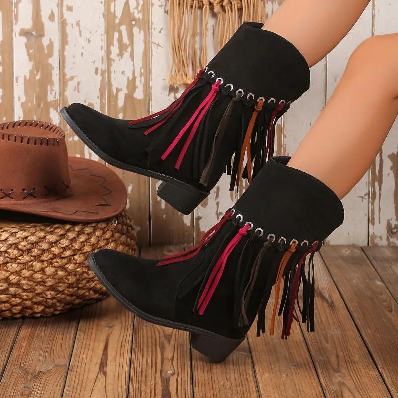 2024 Winter New Tassel Design Bohemian Style Women's Mid Calf Boots Large Size Fashion Pointed Toe Faux Suede Boot Zapatos Mujer