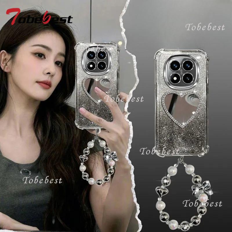 Glitter Plating Love Mirror Bracelet Case for Xiaomi Redmi Note 14 13 12 11 10 9 9S Pro Plus 4G 5G Shockproof Silicone Cover