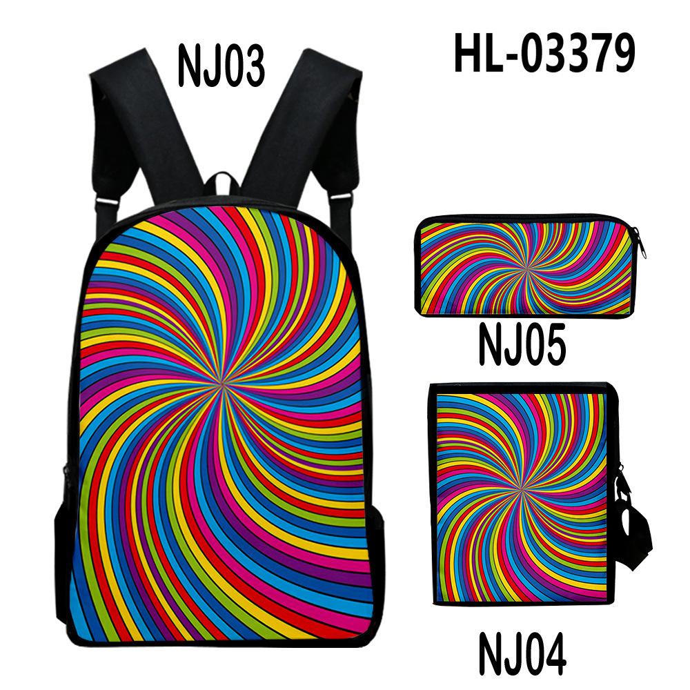 Classic Novelty Creative color blocking 3D Print 3pcs/Set School Bags Laptop Daypack Backpack Inclined shoulder bag Pencil Case
