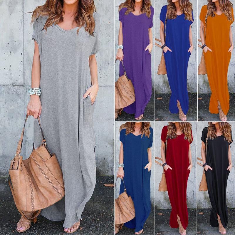 Premium Quality Women Summer Maxi T-shirt Dress With Short Sleeves And Pockets