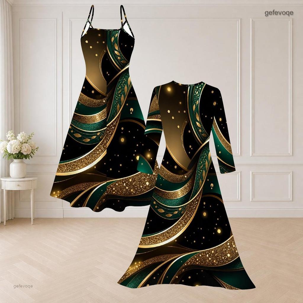 Women Plus Size Two Piece Set V Neck Strappy Flared Dress Long Sleeve Open Front Long Cardigan Printed Black Green Gold