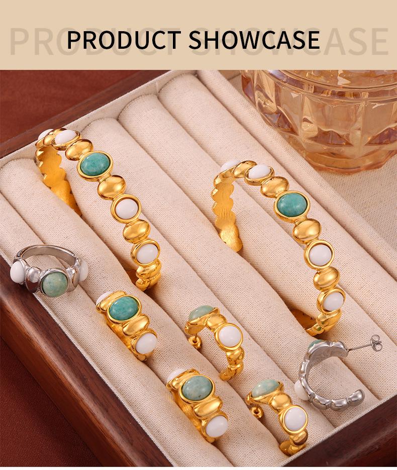 Retro Oval Stone Open Bangle & Gold-Plated Titanium Steel Earring Set for Women