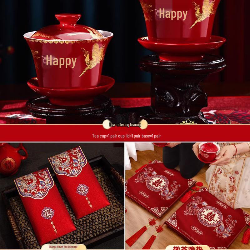 Kneeling Cushions for Wedding Ceremonies: Tea Ceremony, Address Change, Bride with Double Happiness Character, Red Fortune Cushion Set