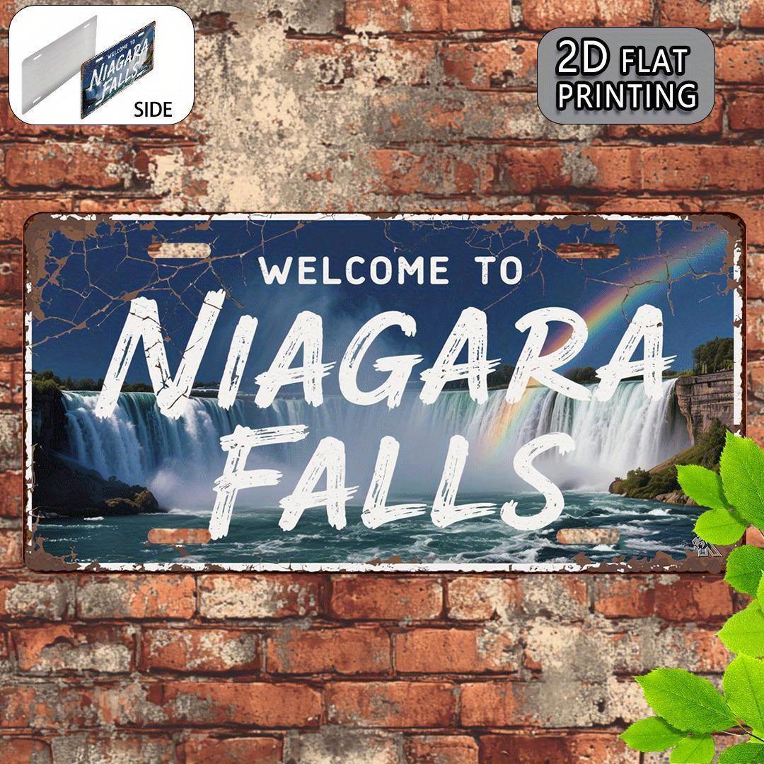 

D Flat Printing Vintage Distressed WELCOME TO NIAGARA FALLS with Waterfall Rainbow Illustration Aluminum Tin Painting Lice 15x30cm(5.9x7.8inch)
